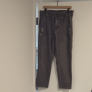 Distressed Black Denim Mom Jeans, Straight Leg, Paper Bag Waist, Stretch, 32W